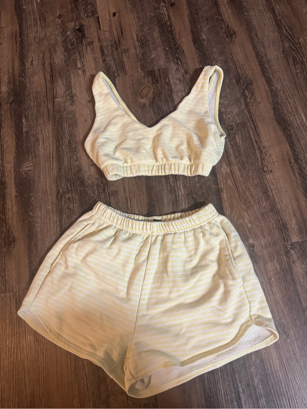 Soft Yellow Striped Lounge Set - Two Piece Crop Top & Shorts